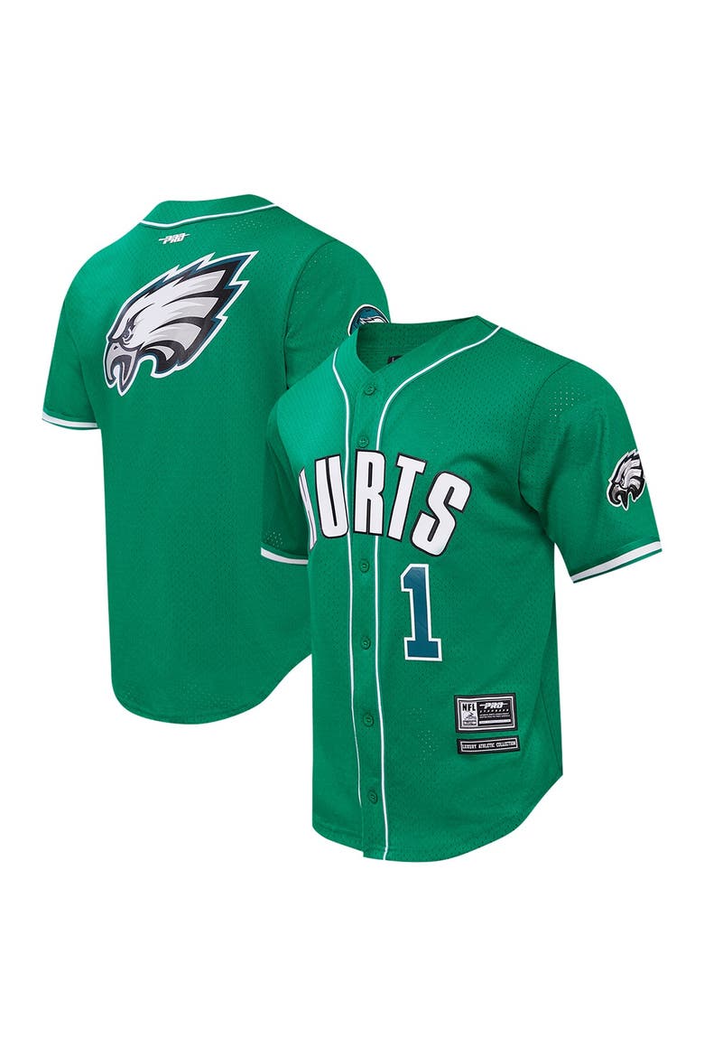 Men's Pro Standard Jalen Hurts Kelly Green Philadelphia Eagles Mesh Button-Up Baseball Jersey, Main, color, Kelly Green