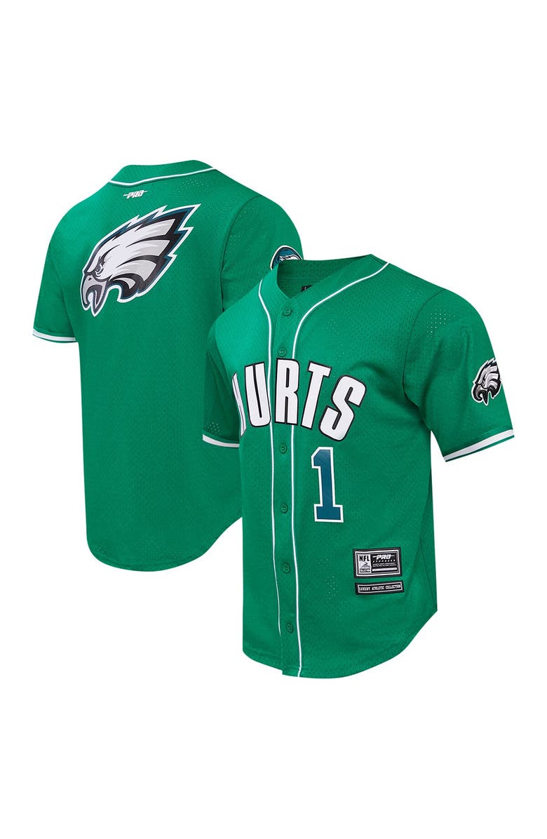 PRO STANDARD Men's Pro Standard Jalen Hurts Kelly Green Philadelphia Eagles Mesh Button-Up Baseball Jersey, Main, color, Kelly Green