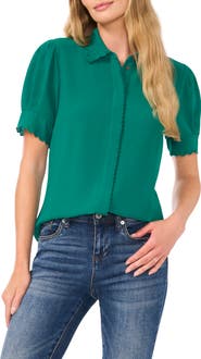 CeCe Scallop Trim Button-Up Shirt
