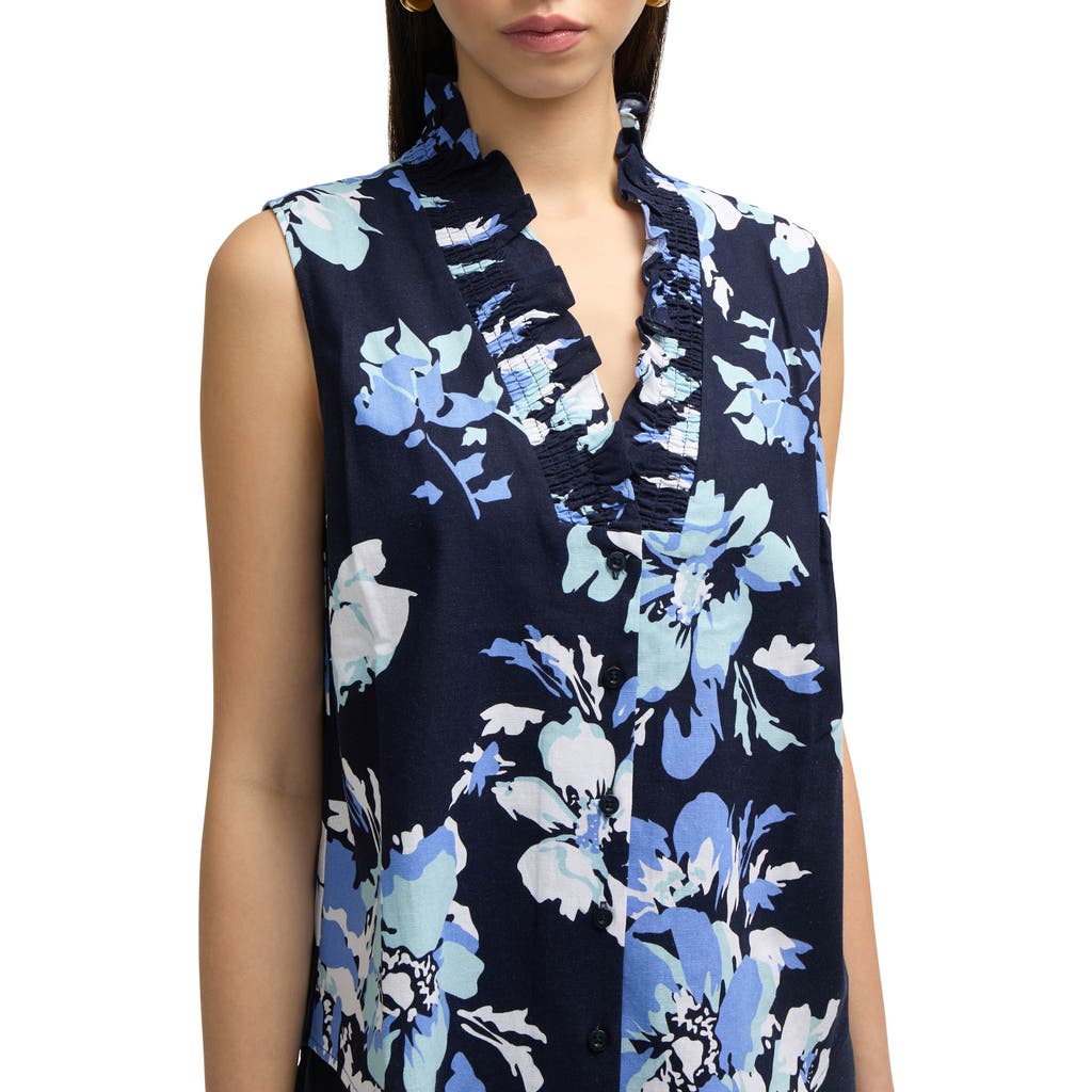 Ellen Tracy Ruffle Sleeveless Button-up Shirt In Navy Bouquet