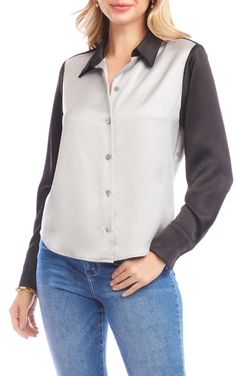 Karen Kane Colorblock Satin Button-Up Shirt, Alternate, color, Silver/ Black