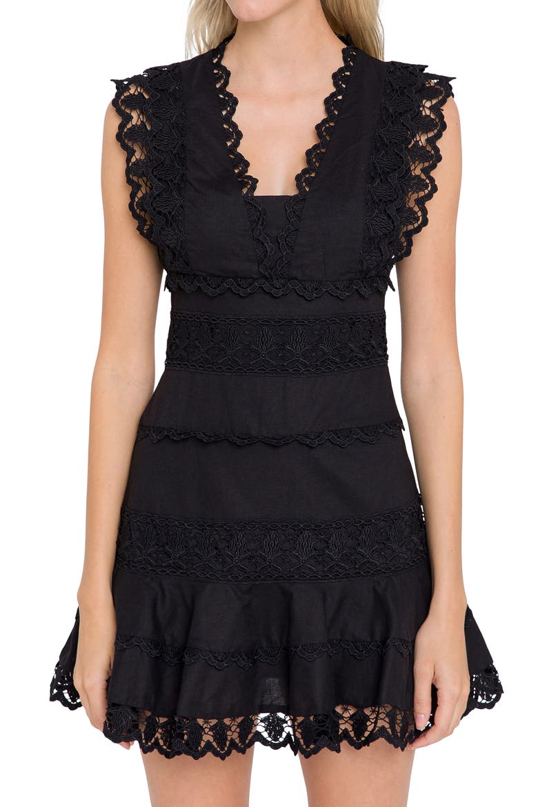 Plunge Neck Tiered Lace Linen & Cotton Dress, Alternate, color, BLACK