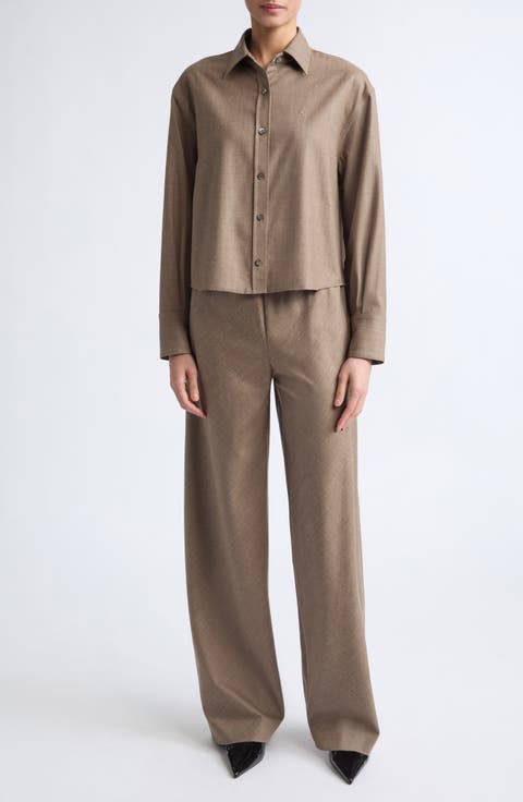Button Sleeve Cropped Wool Blend Shirt
