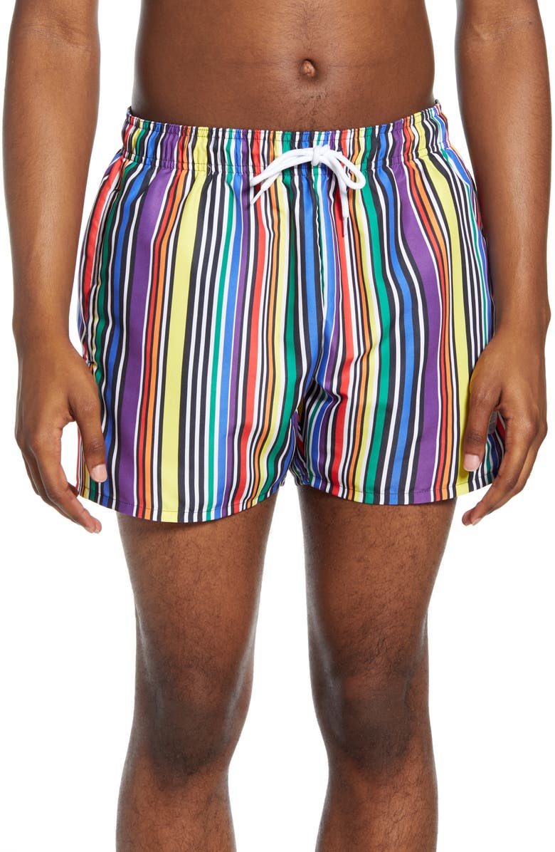 Topman Pride Stripe Swim Trunks, Main, color, 