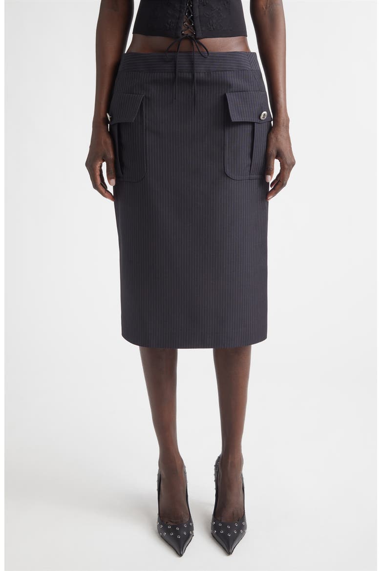 Pinstripe Wool & Mohair Cargo Pencil Skirt, Main, color, NAVY