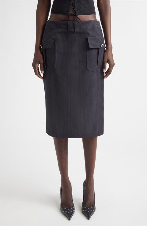 Pinstripe Wool & Mohair Cargo Pencil Skirt