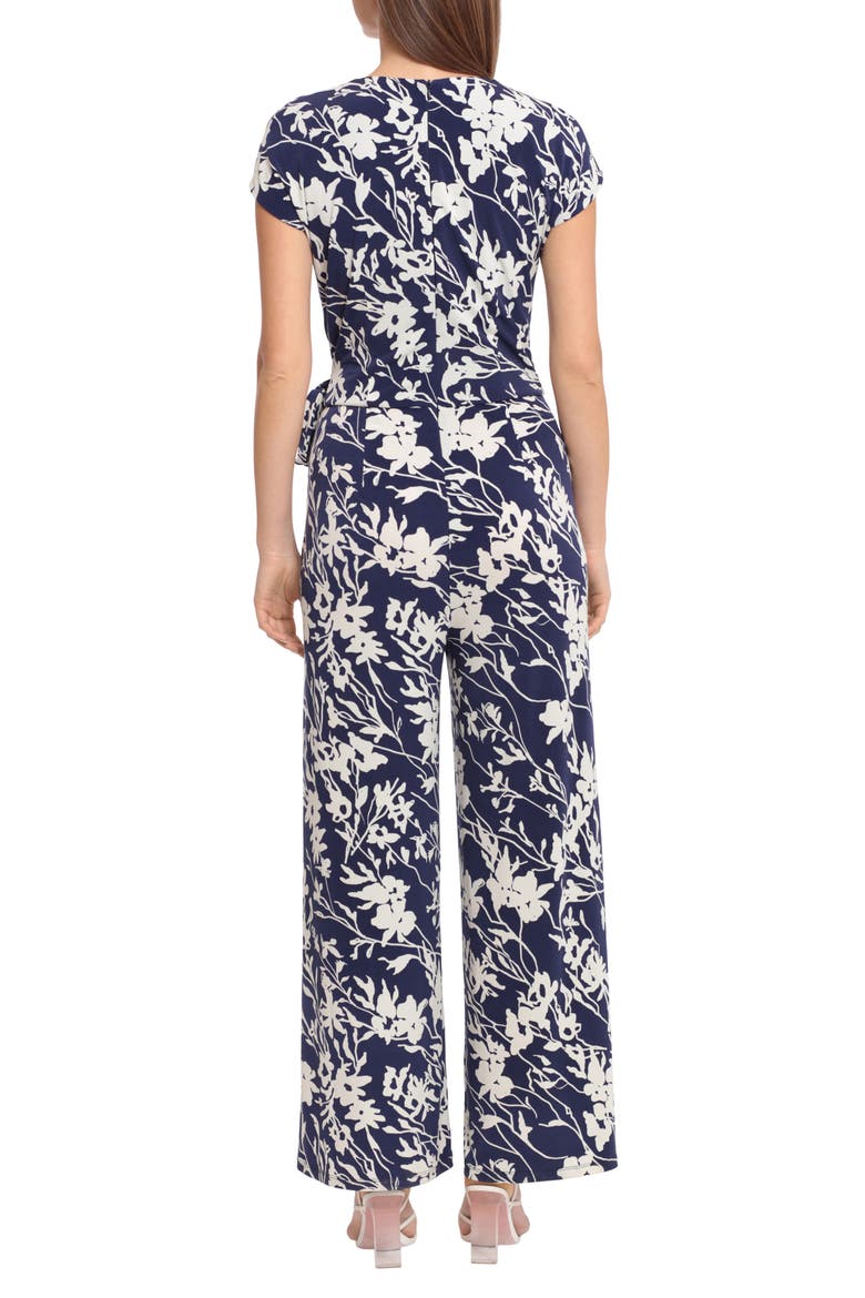 Floral Cap Sleeve Wrap Tie Jumpsuit, Alternate, color, NAVY/IVORY