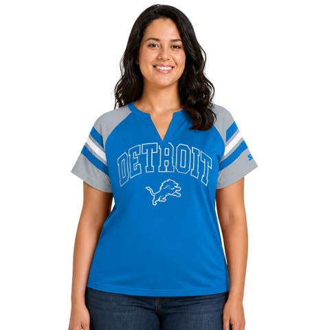 Women's Starter Blue Detroit Lions Plus Size Game On Notch Neck Raglan T-Shirt