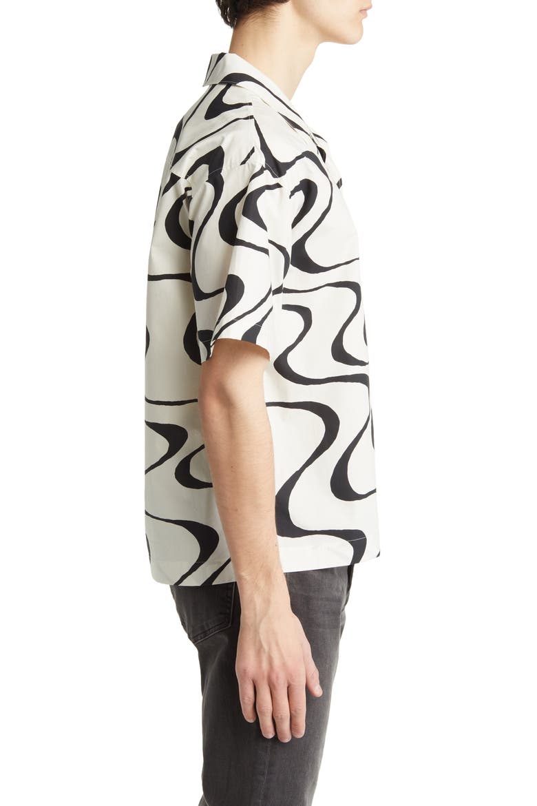 Abstract Wave Print Short Sleeve Button-Up Camp Shirt, Alternate, color, ECRU PRINT