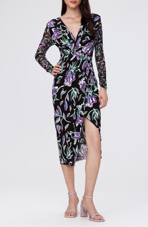 Diane Von Furstenberg silk abstract print long ballon sleeve midi dress size 6 outlets