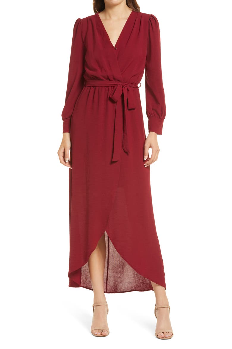 Long Sleeve Faux Wrap Dress, Main, color, WINE