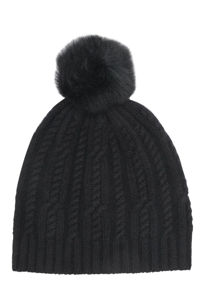 Cashmere Cable Knit Genuine Shearling Pompom Beanie, Main, color, BLACK