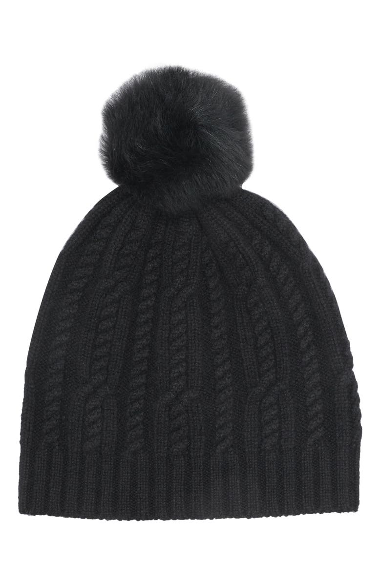 Sofia Cashmere Cashmere Cable Knit Genuine Shearling Pompom Beanie, Main, color,
