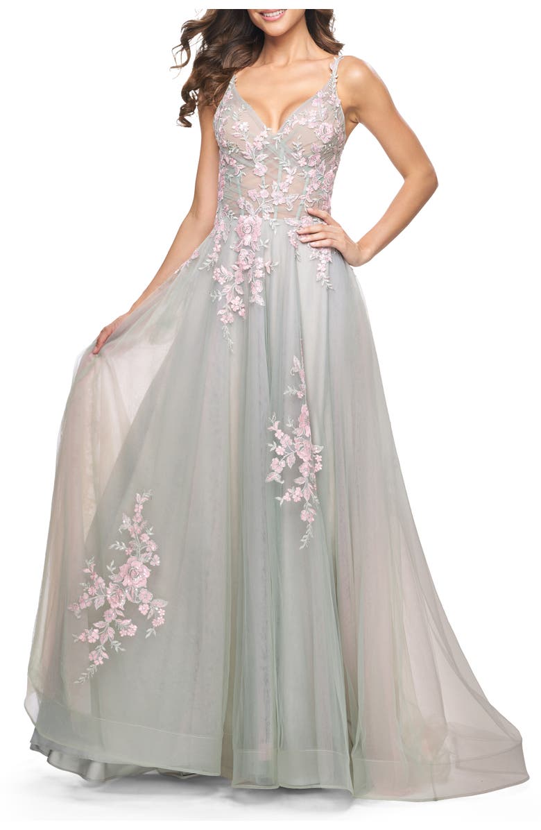 La Femme A-Line Tulle Prom Dress with Scattered Lace Applique, Main, color, Sage