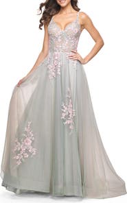 La Femme A-Line Tulle Prom Dress with Scattered Lace Applique