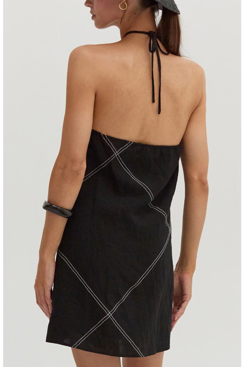 Contrast Stitch Halter Linen Mini Dress, Alternate, color, Black