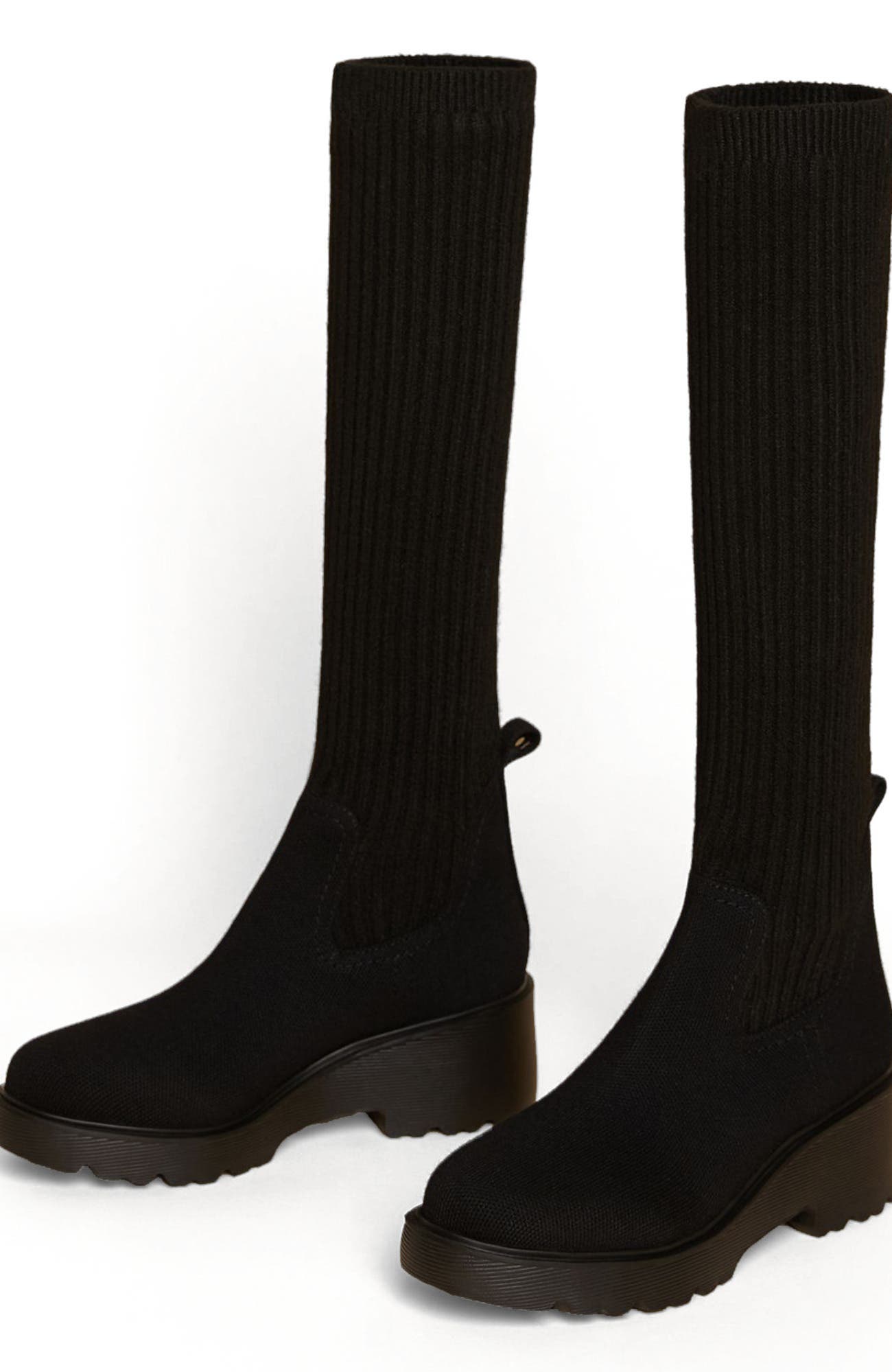 VIVAIA Round-Toe Knee-High Platform Chunky Wool Wedge Boots, Alternate, color, Black