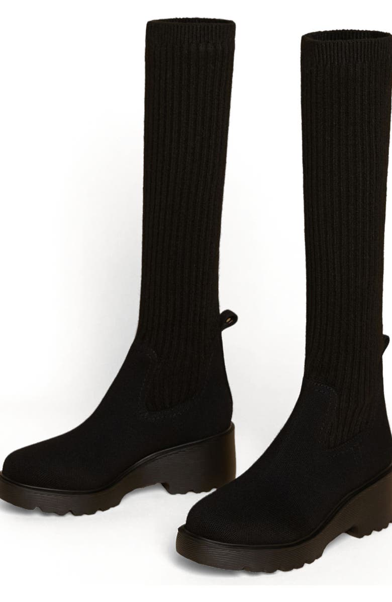 VIVAIA Round-Toe Knee-High Platform Chunky Wool Wedge Boots, Alternate, color, Black