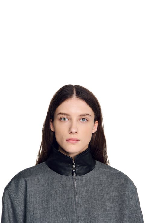 Oversized leather-collar jacket