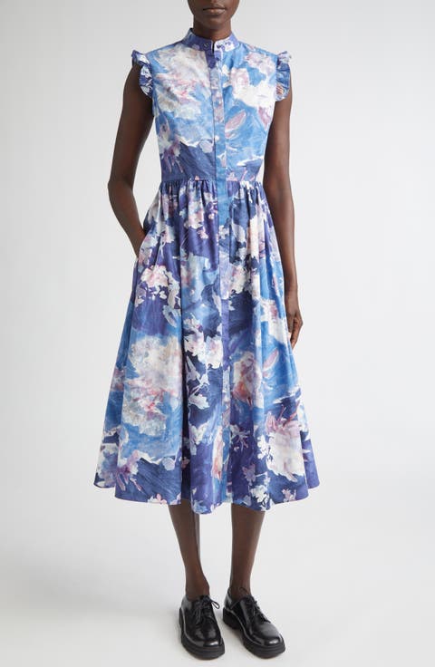 Floral Print Sleeveless Cotton Poplin Shirtdress