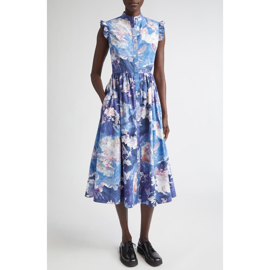 Erdem Floral Print Sleeveless Crinkled Satin Midi Dress In Blue