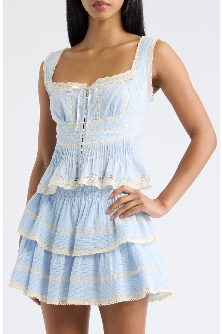 Kaelin Lace Trim Ruffle Sleeveless Top, Main, color, CHAMBRAY SKY