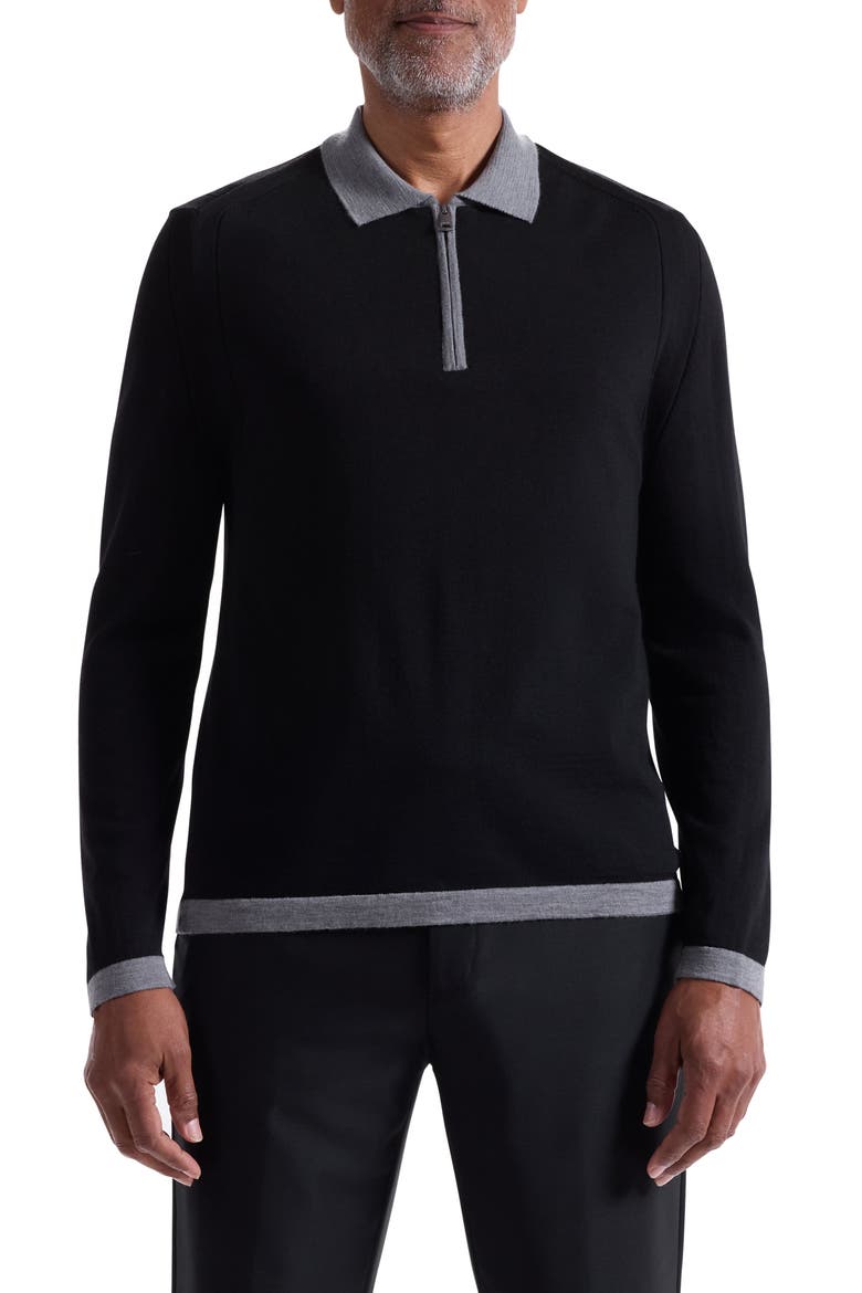 Long Sleeve Merino Wool Quarter Zip Polo Sweater, Main, color, BLACK