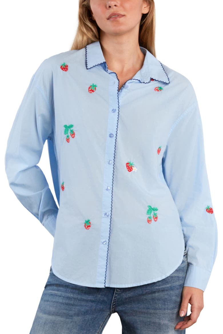 Strawberry Kisses Button-Up Shirt, Main, color, WINDSURFER BLUE