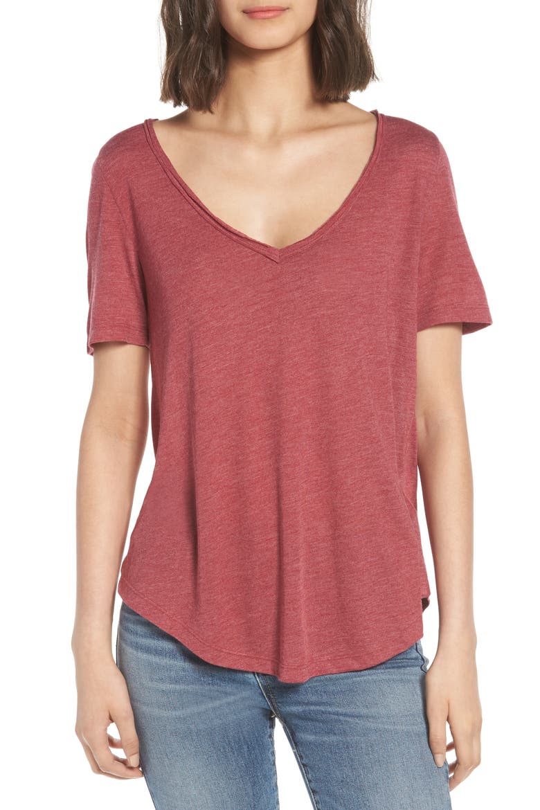 Raw Edge V-Neck Tee, Main, color, RED RUMBA
