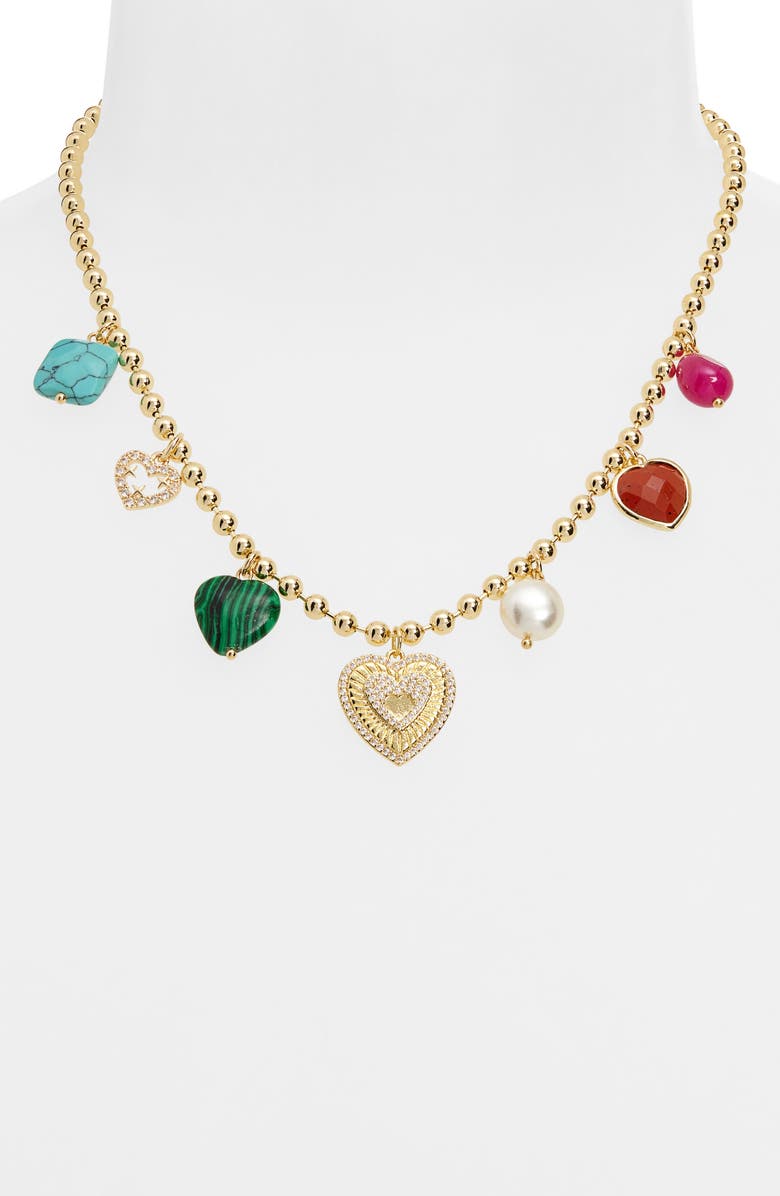 Panacea Semiprecious Stone & Heart Charm Necklace, Alternate, color, Gold Multi