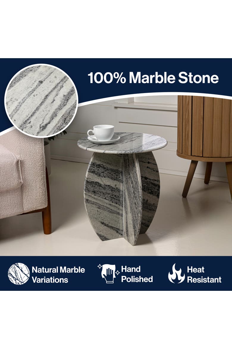 Venus Modern Round Solid Marble End Table, Stone Accent Side Table with Sculptural Cross Base for Living Room, Alternate, color, Gray/Black