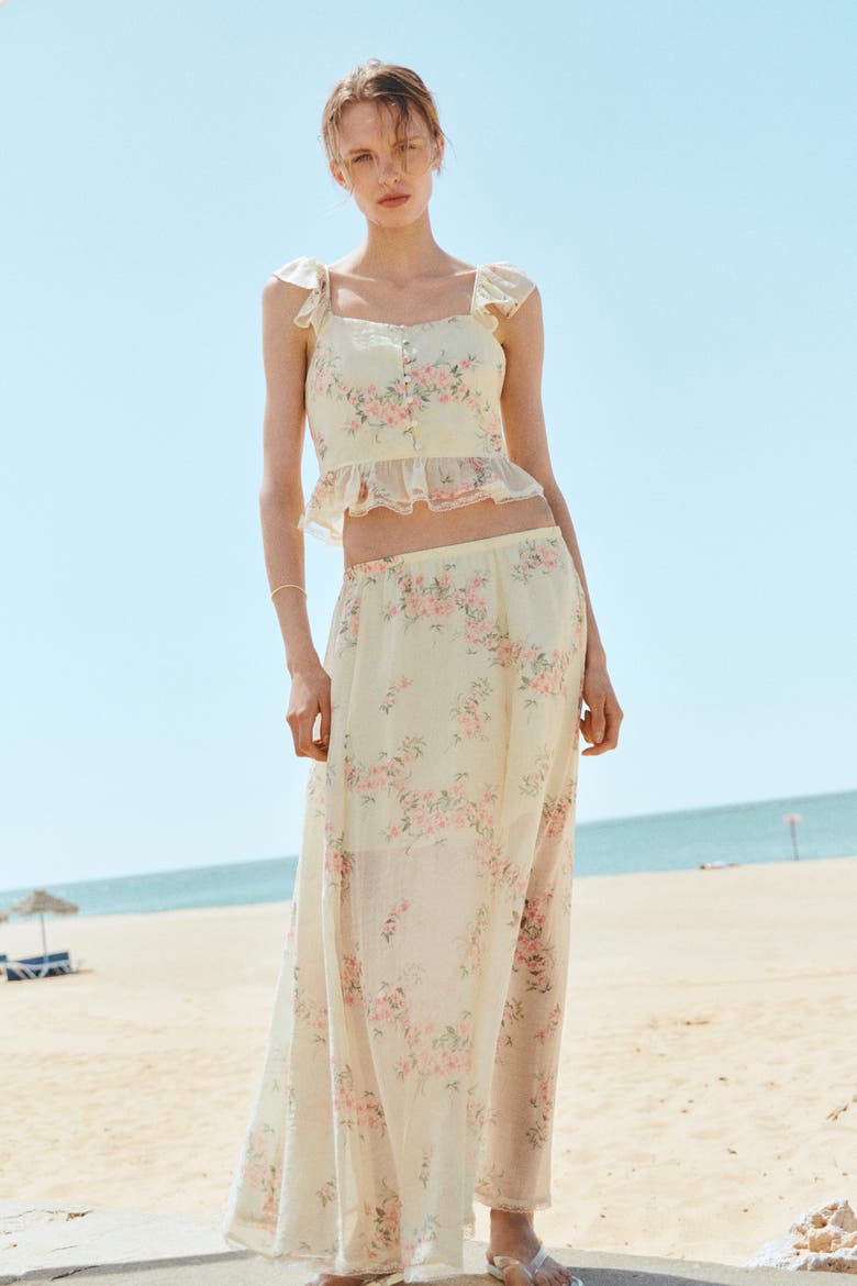 Lace-trimmed Lyocell-blend Skirt, Alternate, color, Light yellow/floral
