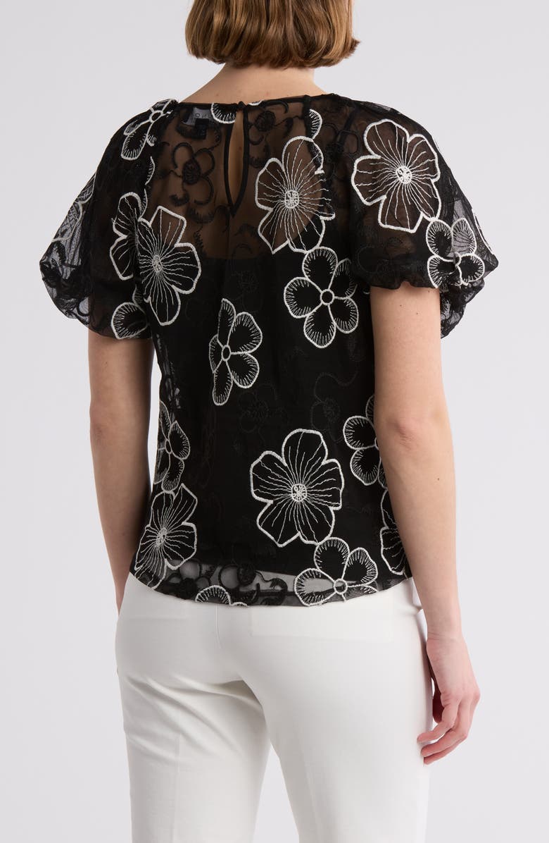 Laundry by Shelli Segal Puff Sleeve Embroidered Mesh Top, Alternate, color,