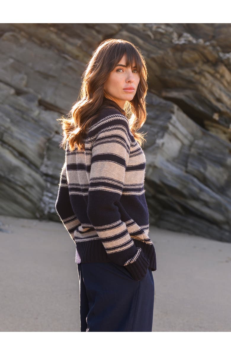 Celtic & Co. Pure Wool Stripe Button Neck Sweater, Alternate, color, Dark Navy / Oatmeal