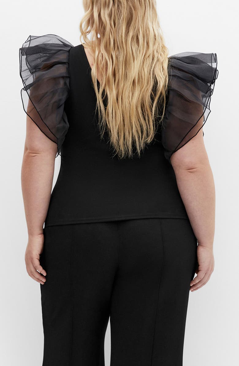 City Chic Sierra Mixed Media Flutter Sleeve Top, Alternate, color, Black