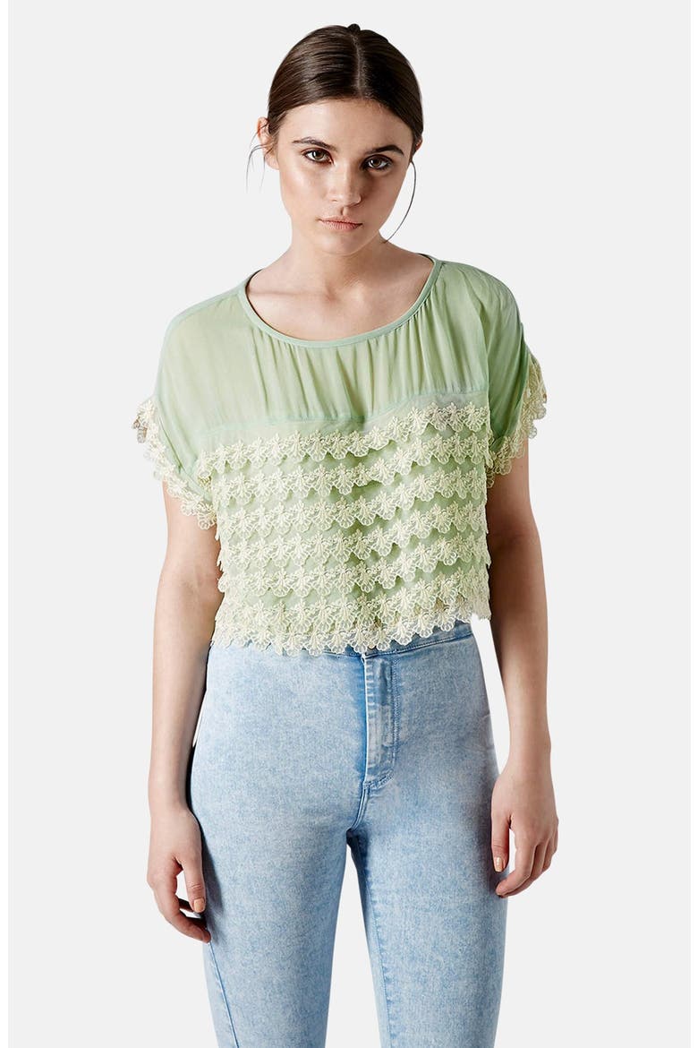 Short Sleeve Lace Mesh Crop Top, Main, color, GREEN