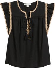 Treasure & Bond Crochet Trim Linen Blend Top
