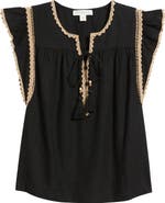 Treasure & Bond Crochet Trim Linen Blend Top