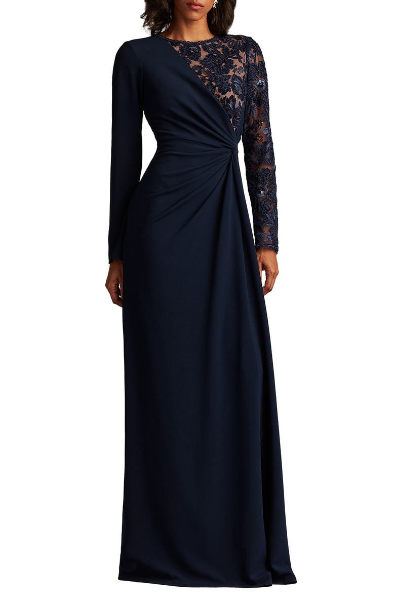 Tadashi Shoji Lace & Sequin Long Sleeve Gown, Main, color, Navy/ Nude