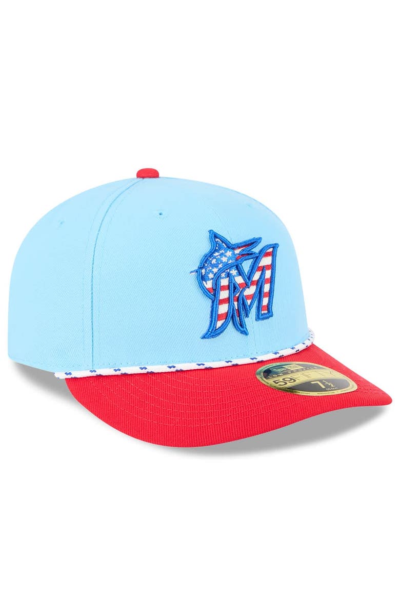 Men's New Era Light Blue/Red Miami Marlins 2025 Fourth of July Low Profile 59FIFTY Fitted Hat, Alternate, color, Light Blue
