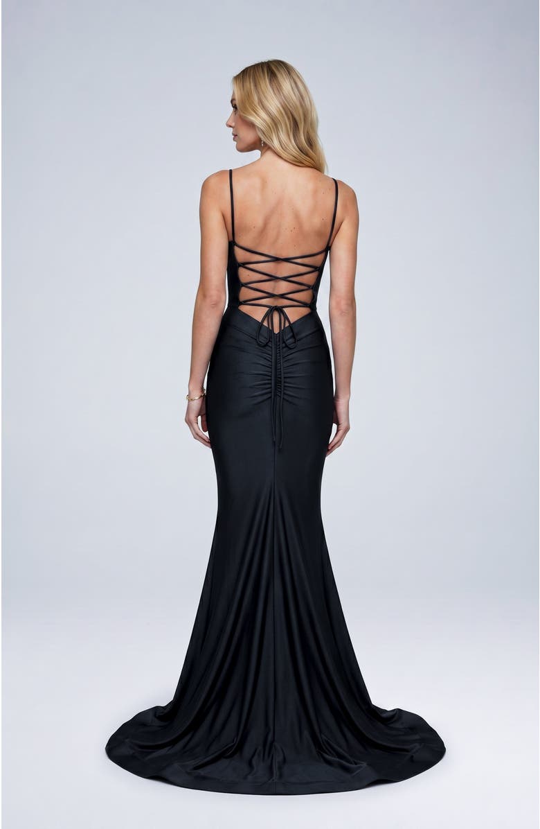 Jessica Angel Cowl Neck Lace-Up Open Back Mermaid Gown, Alternate, color, Black