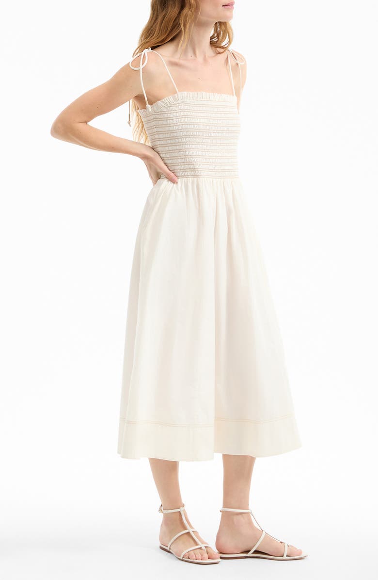 Veronica Beard Kaela Smocked Tie Strap Midi Dress, Alternate, color, Dove