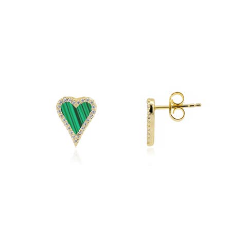 Mini Malachite CZ Halo Heart Stud Earrings