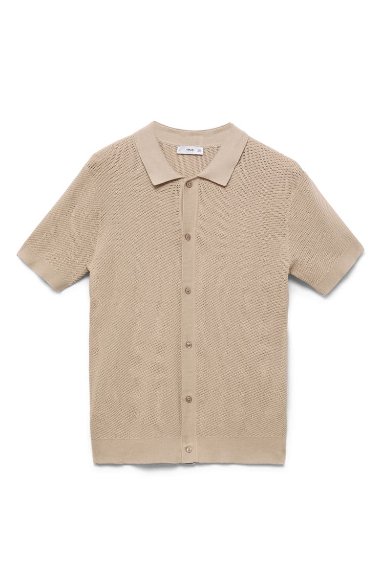 MANGO Openwork Short Sleeve Cotton Button-Up Shirt, Alternate, color, Sand
