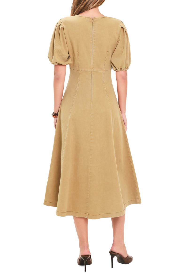 Puff Sleeve Cotton Twill Midi Dress, Alternate, color, CAMEL
