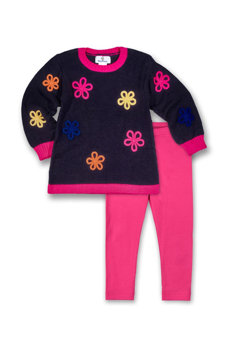 Florence Eiseman Sweater Tunic With Flowers And Leggings, Main, color, Pink, White, Navy