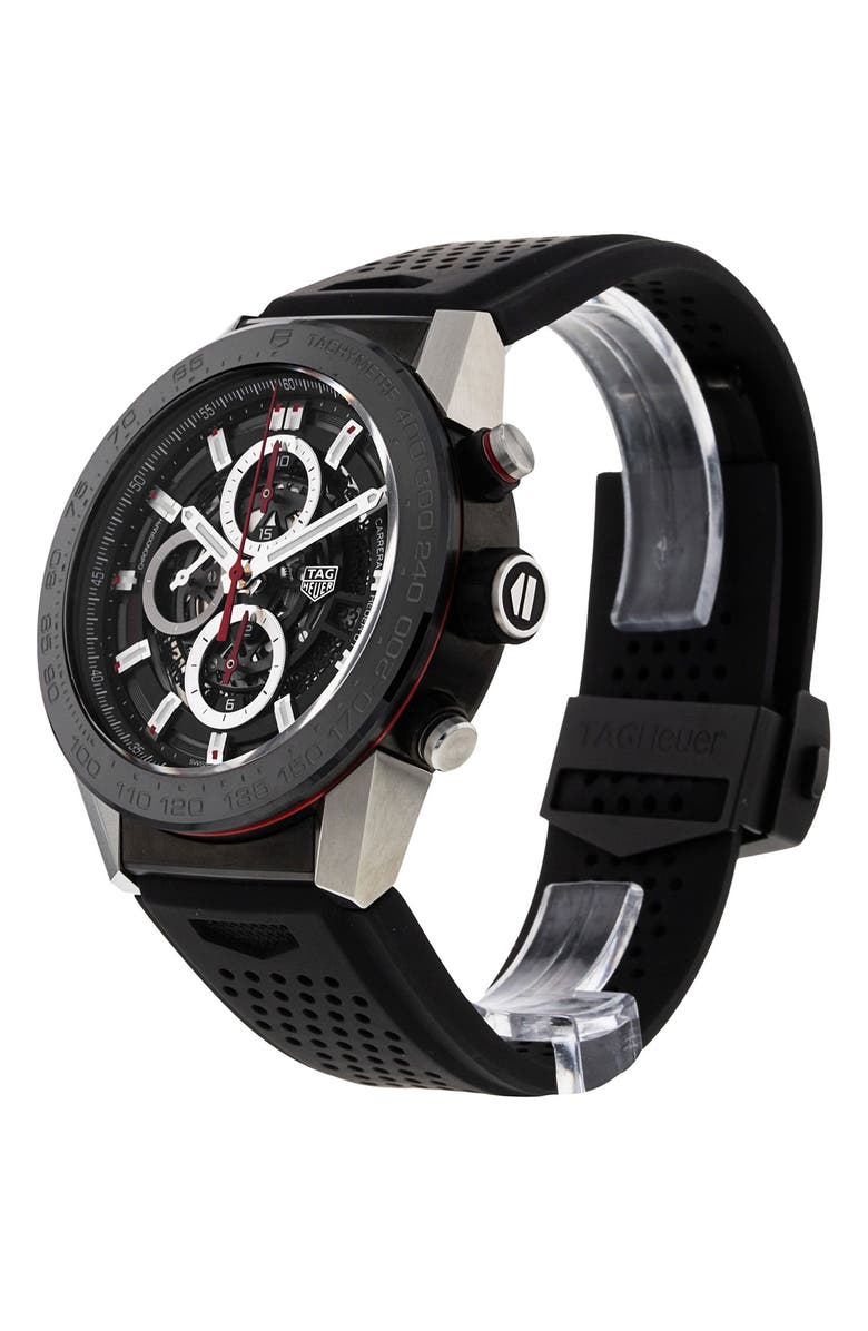 Watchfinder & Co. Tag Heuer Preowned 2018 Carrera Automatic Chronograph Rubber Strap Watch, 45mm, Alternate, color,