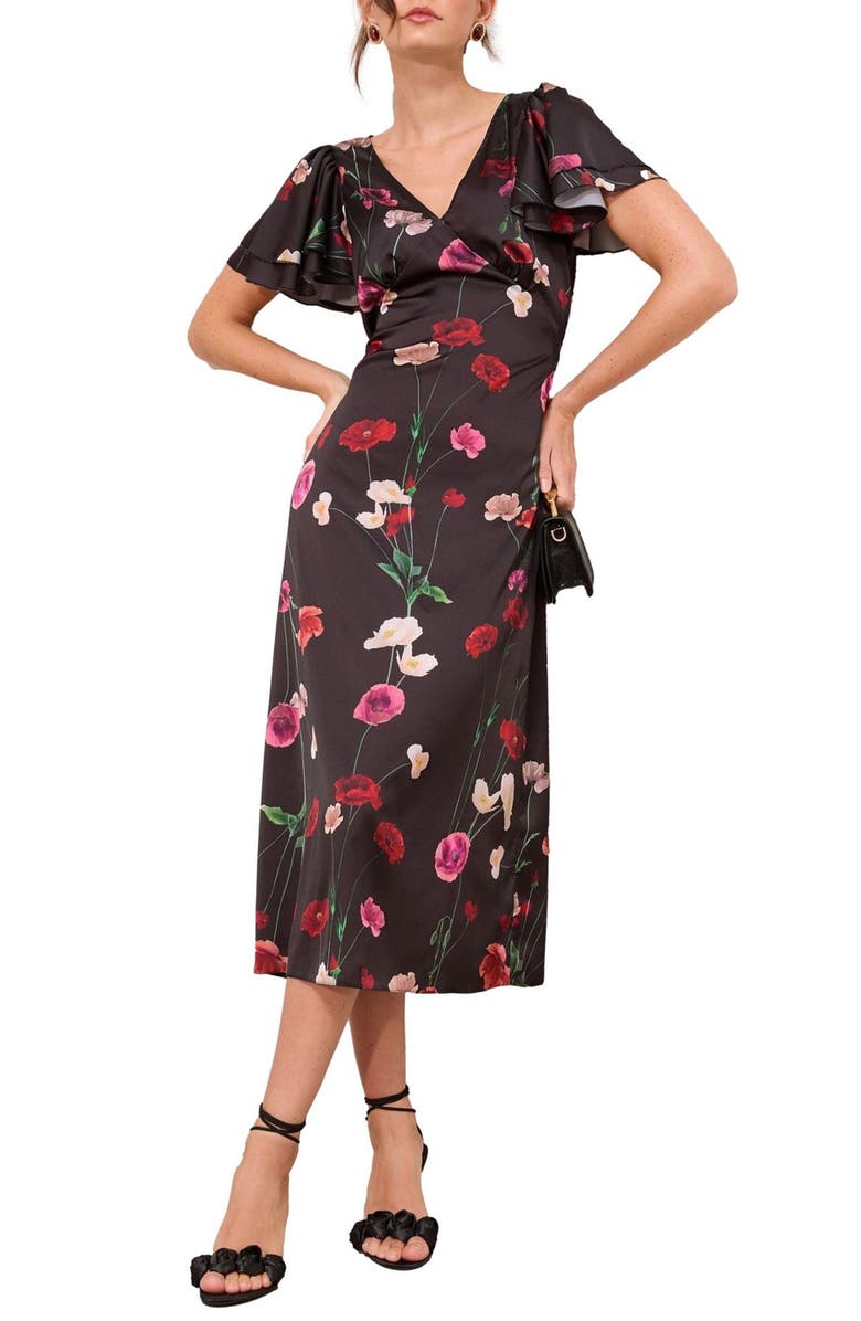 Friends Like These Floral Satin Midi Dress, Main, color, Black