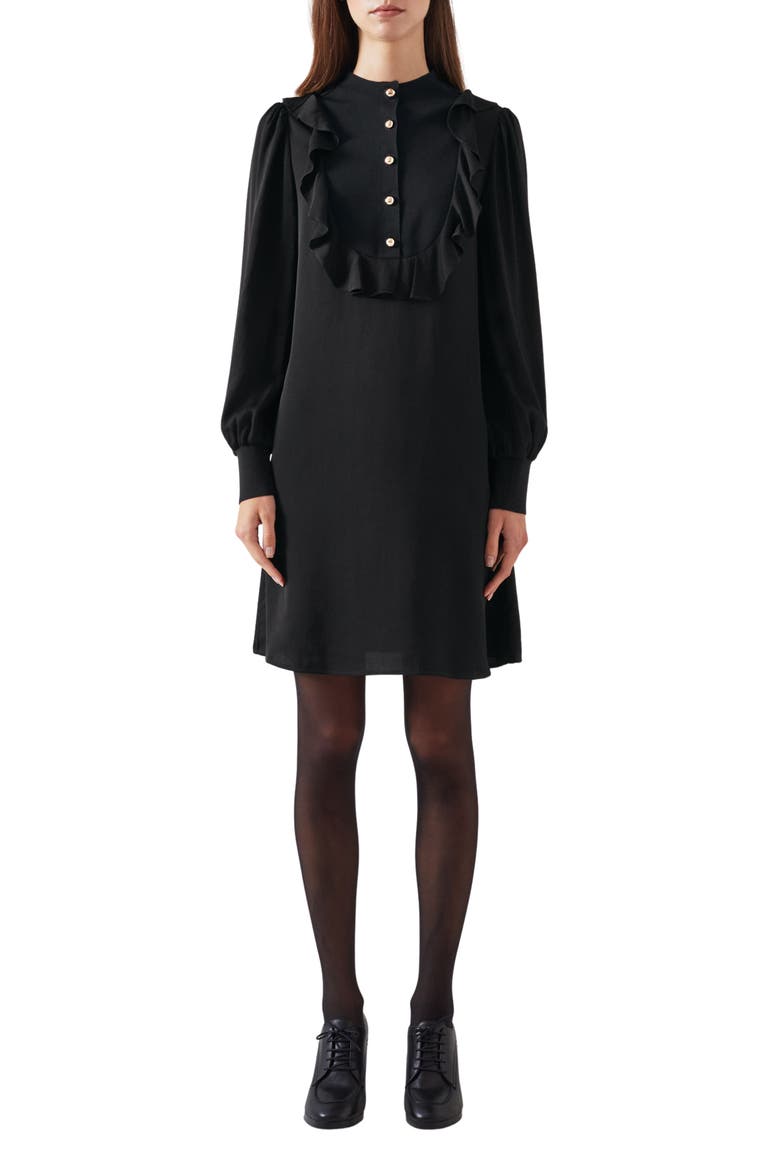 Daisy Ruffle Detail Long Sleeve Crepe Shift Dress, Main, color, BLACK