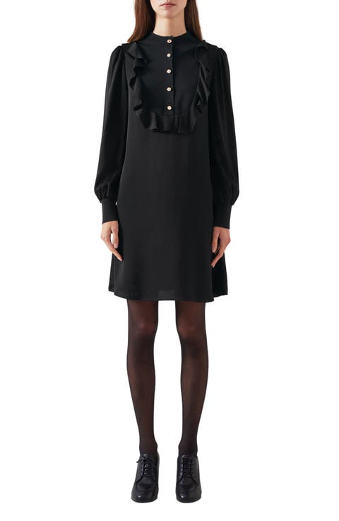 Daisy Ruffle Detail Long Sleeve Crepe Shift Dress